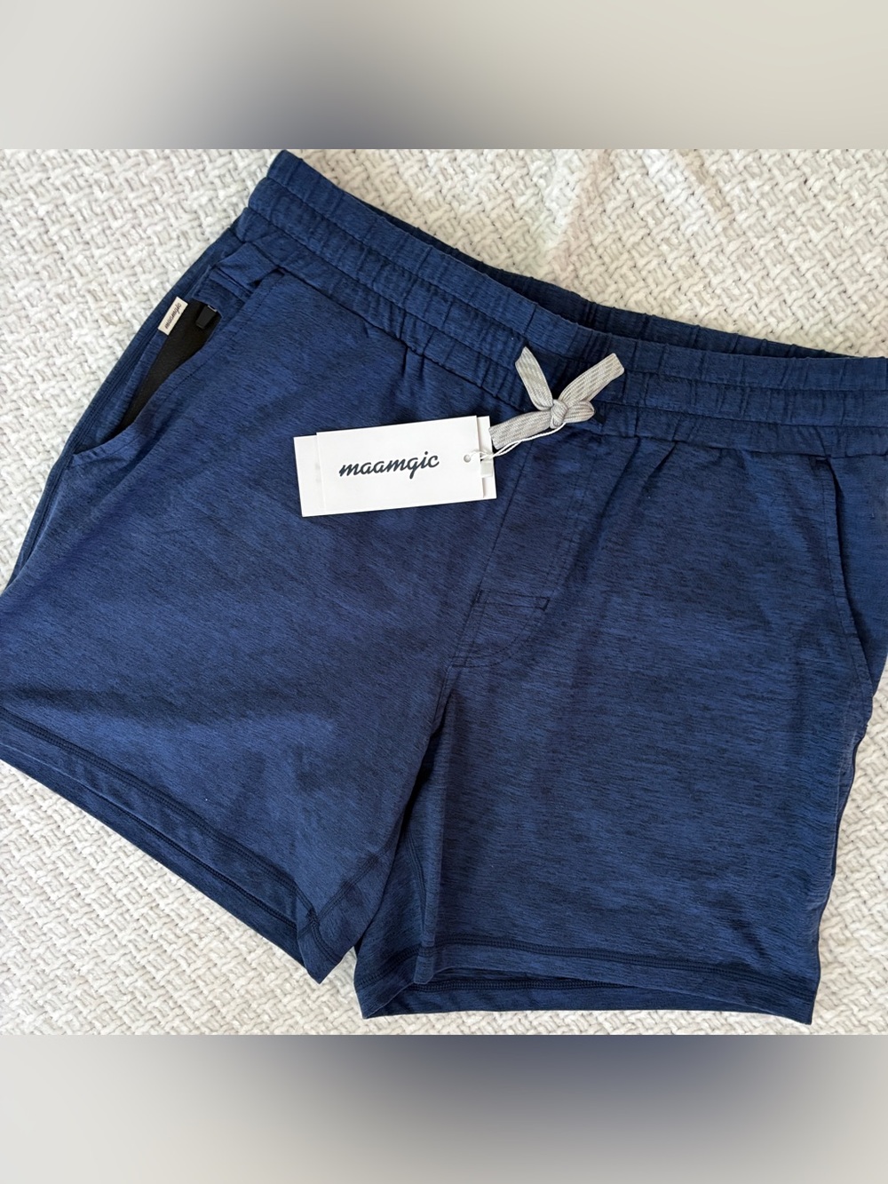 Men's Shorts Navy Heathered MicroKnit Drawstring Athletic Active SZ: M 5” Inseam - Picture 2 of 9